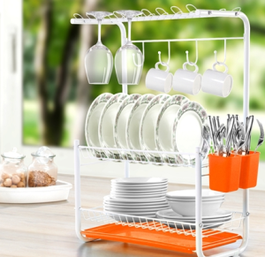 Orange 3-Tier Powder Coated Dish Rack with Drain Board